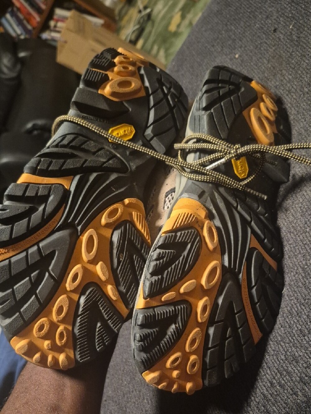 Merrell Taupe and Black Hiking Boots with Yellow Accents - Picture 8 of 9